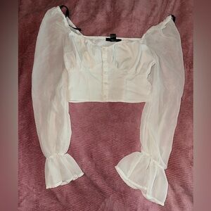 cottagecore white cropped loose sleeve button down viscose style top